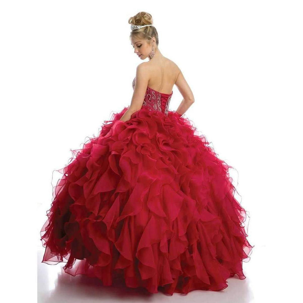 Red organza ruffle ball gown with beaded corset bodice and full layered skirt