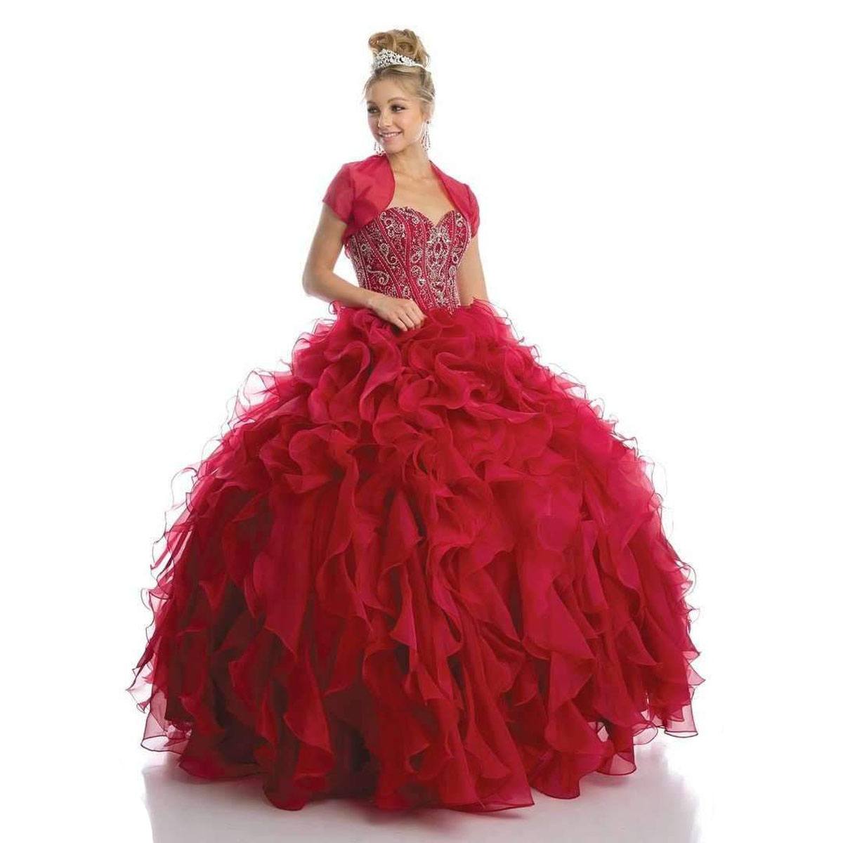 Red strapless ball gown with beaded corset bodice and layered organza ruffle skirt