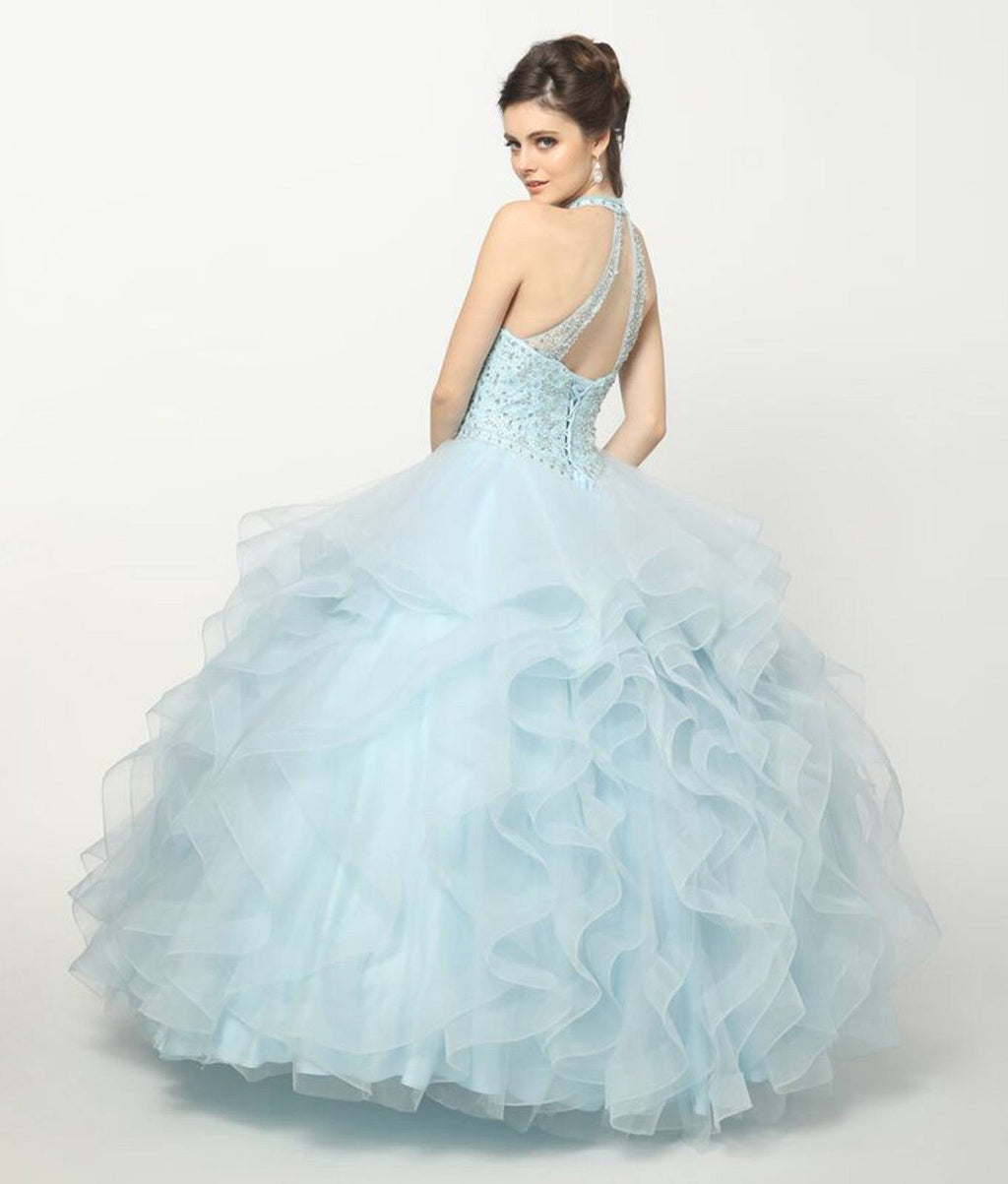Light blue crystal-beaded tulle ballgown skirt with open-back detail
