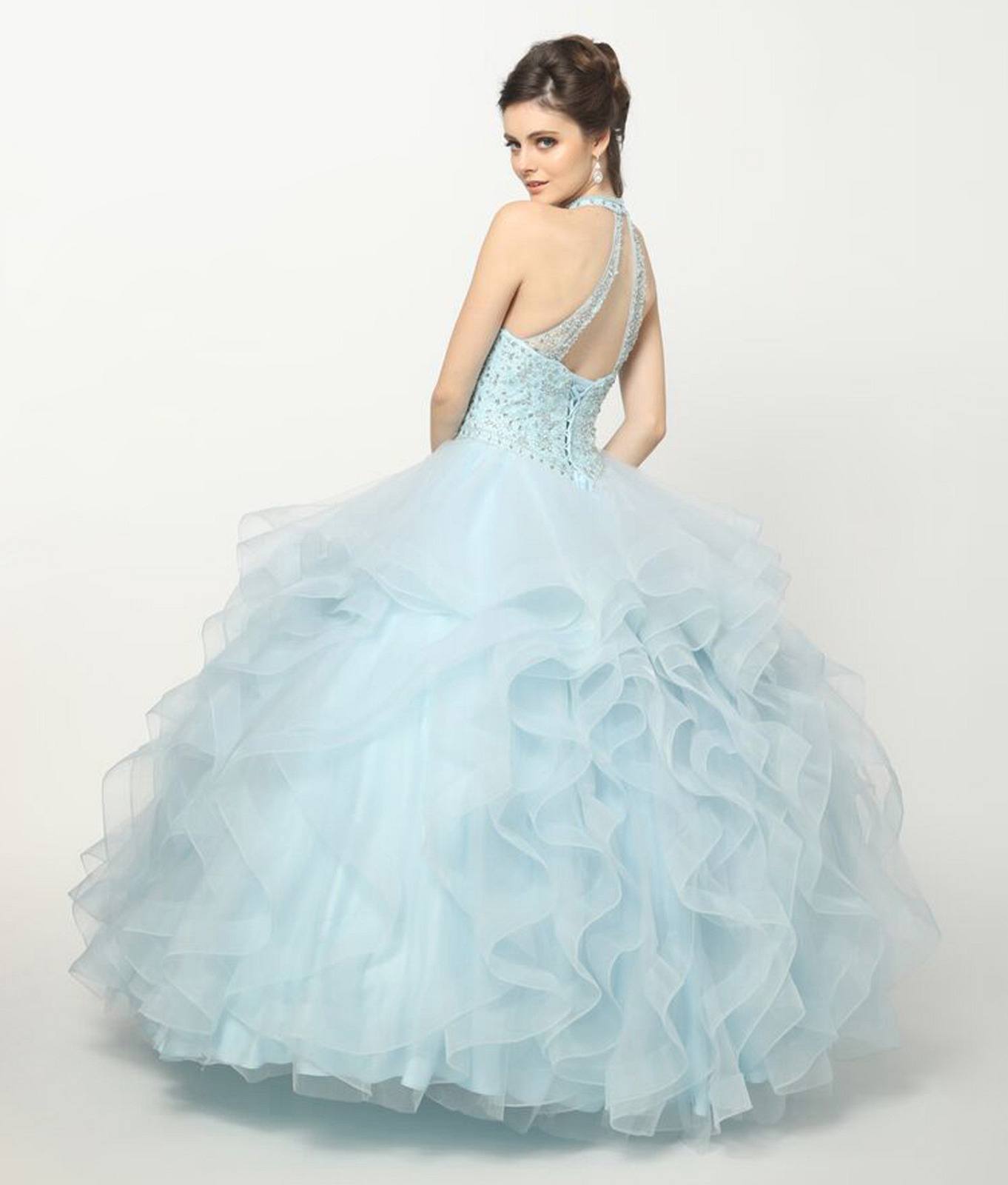 Light blue crystal-beaded tulle ballgown skirt with open-back detail