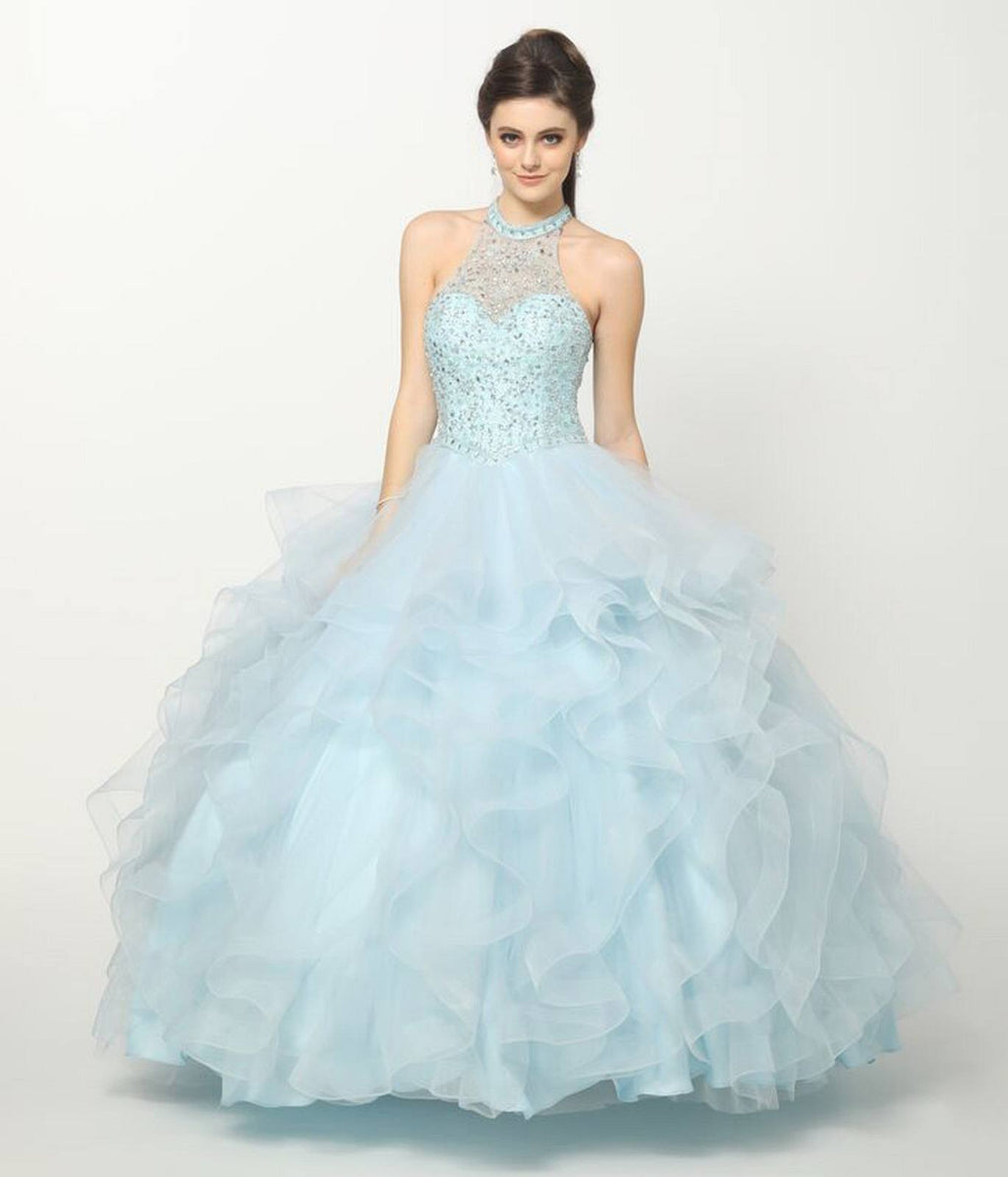 Light blue crystal-beaded layered tulle ballgown skirt with tiered ruffles