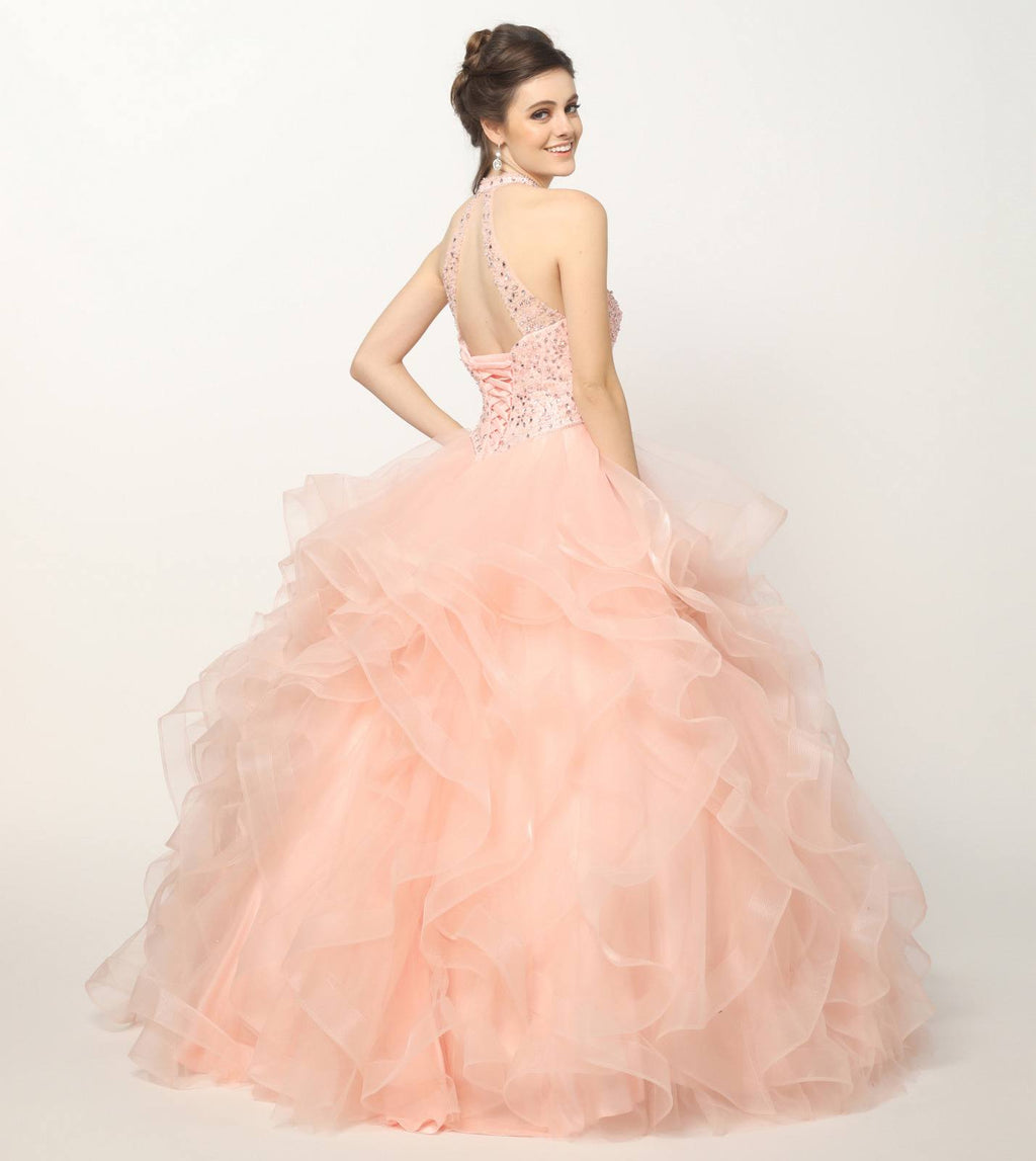 Blush crystal-beaded tulle ballgown with layered ruffle skirt and open back