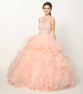 Blush crystal-beaded layered tulle ballgown skirt with tiered ruffle volume