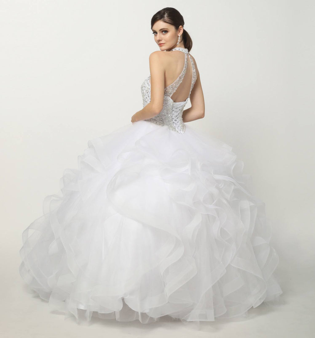 White crystal-beaded layered tulle ballgown skirt with open-back beaded straps