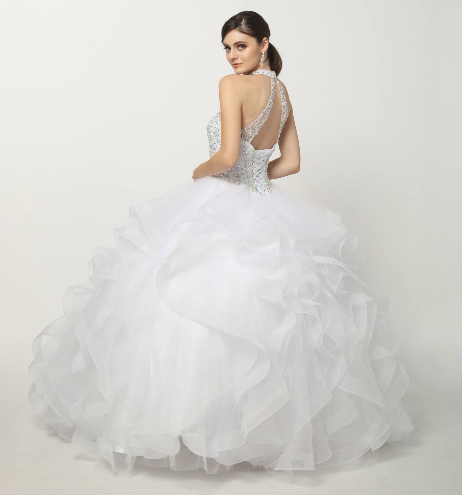 White crystal-beaded layered tulle ballgown skirt with open-back beaded straps