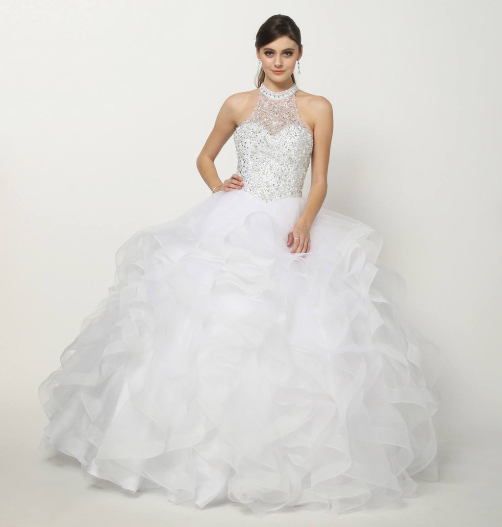 White crystal-beaded layered tulle ballgown skirt with voluminous ruffle layers