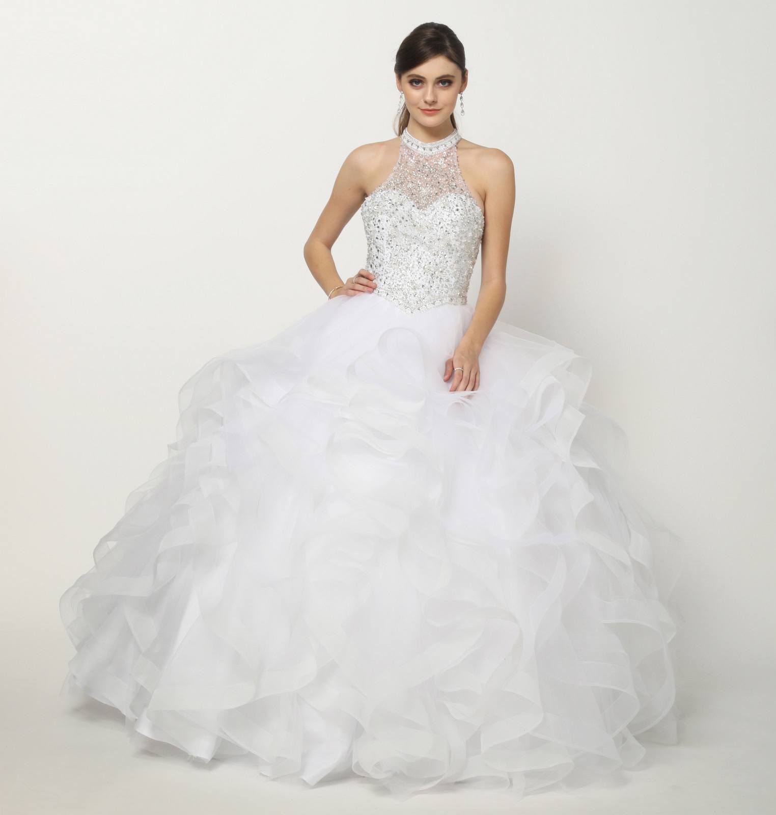 White crystal-beaded layered tulle ballgown skirt with voluminous ruffle layers