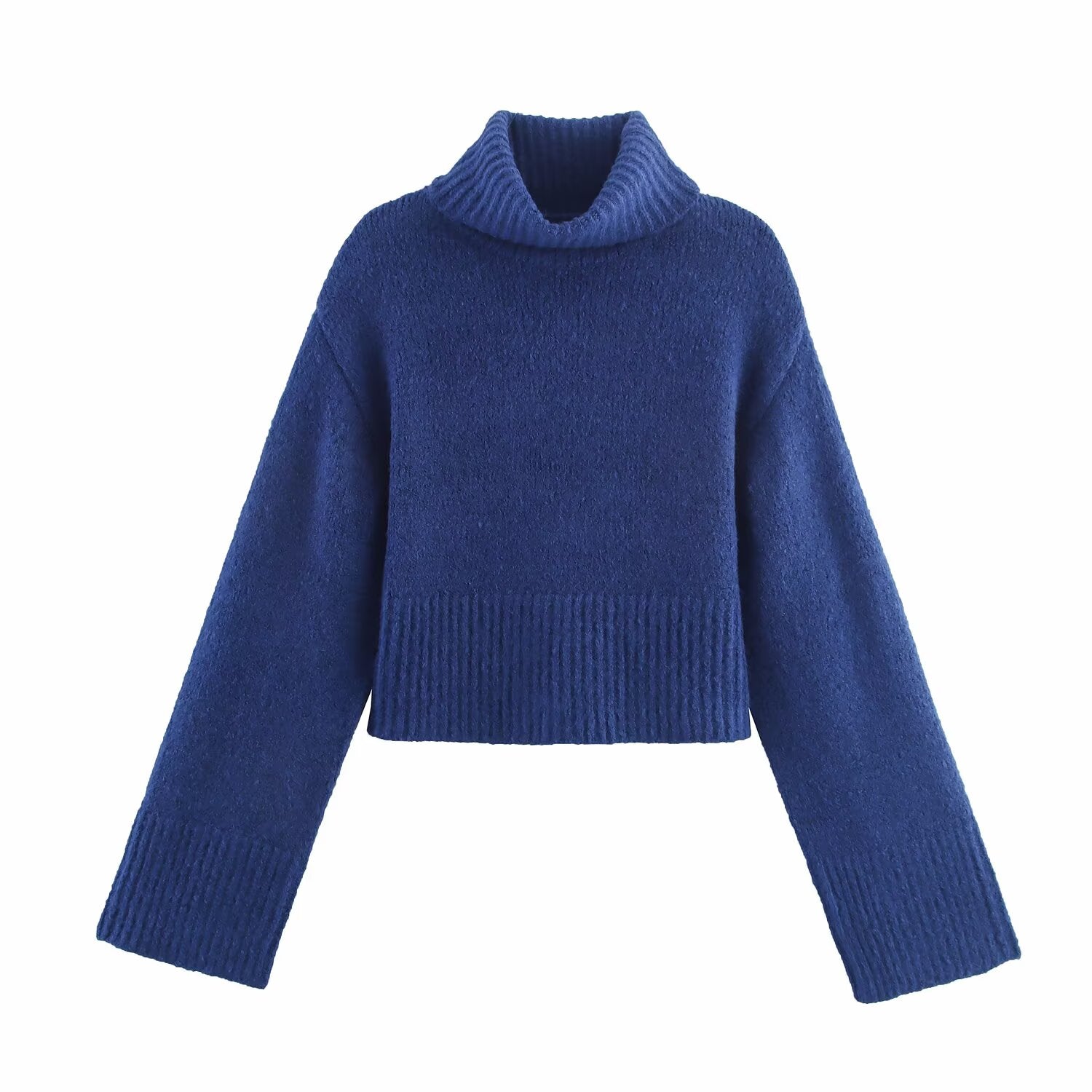 Blue long-sleeve knit sweater with stand collar and ribbed hem