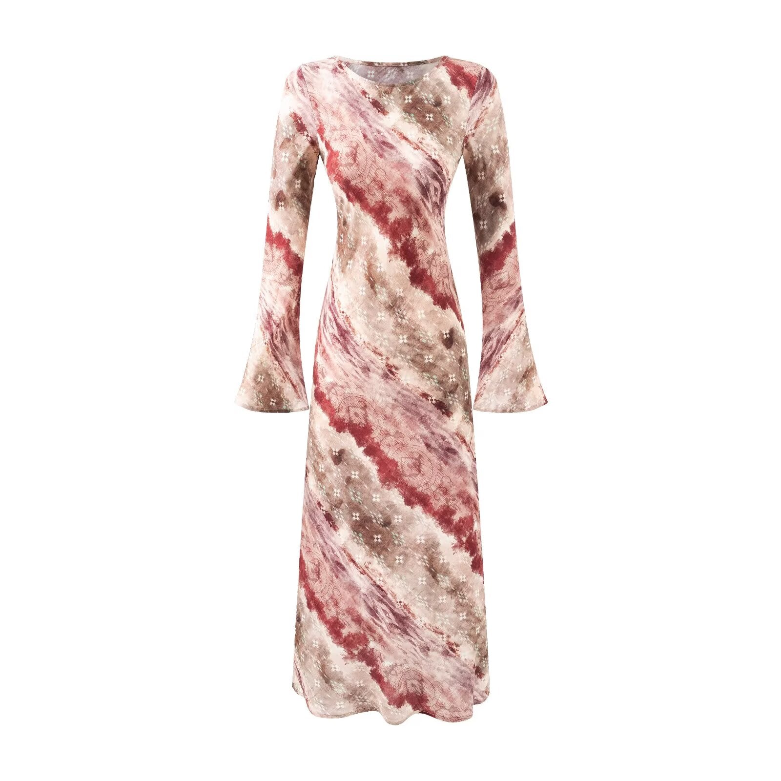 Back view of long-sleeve printed maxi dress, round neck, light pink with maroon blotches.