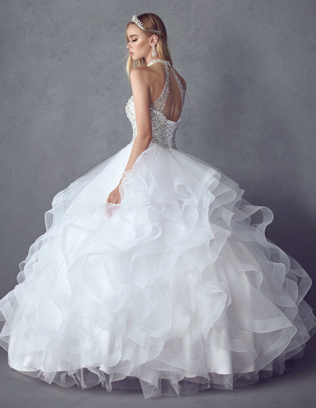 White crystal-beaded layered tulle ballgown skirt with back drape detail