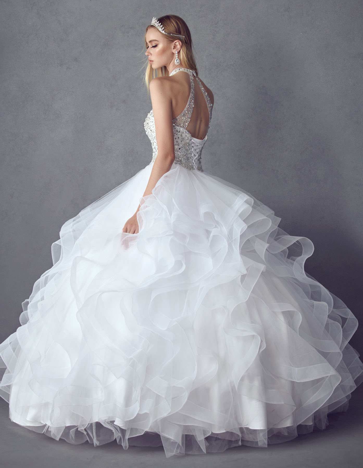 White crystal-beaded layered tulle ballgown skirt with back drape detail