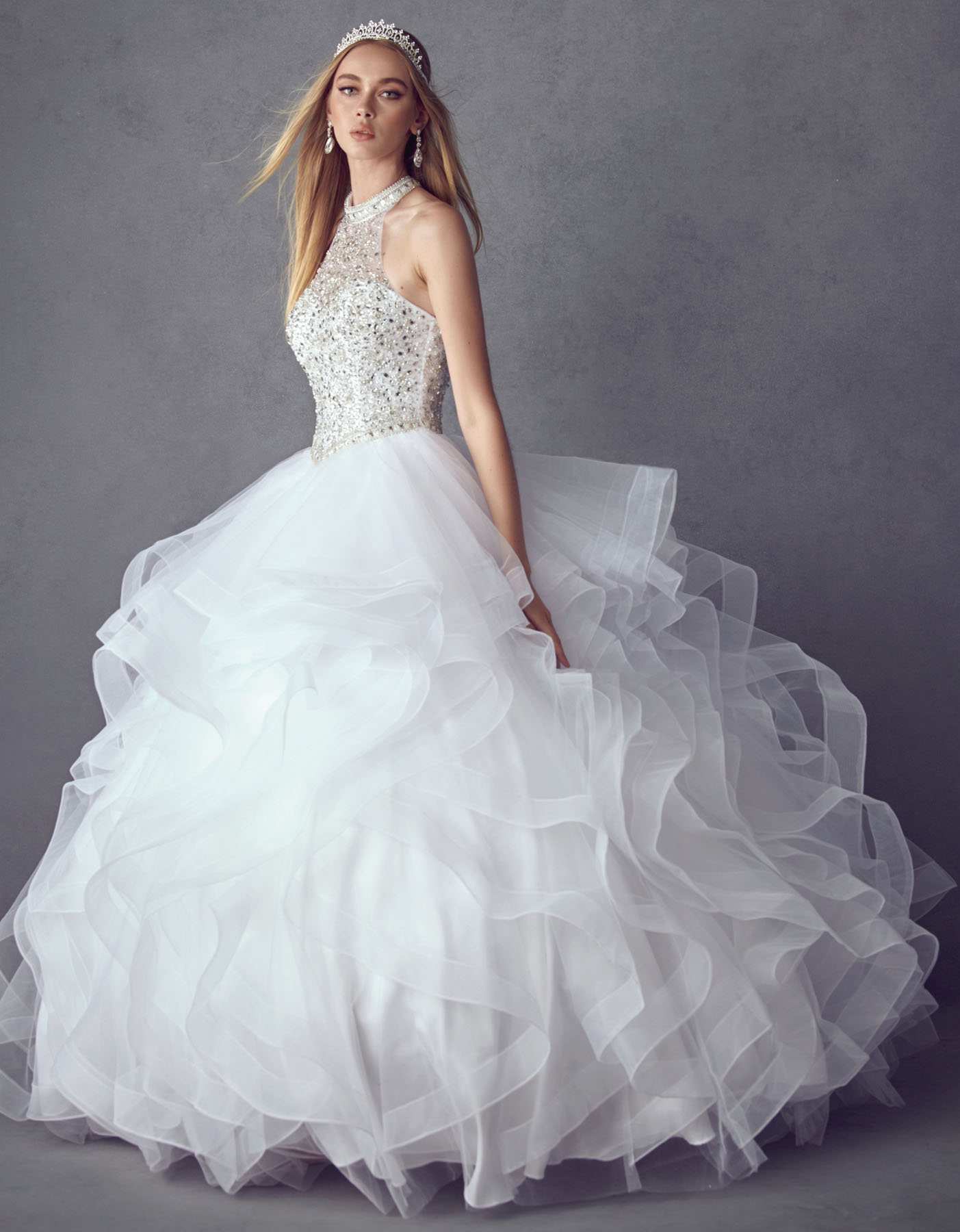 White crystal-beaded layered tulle ballgown skirt with full tiered volume
