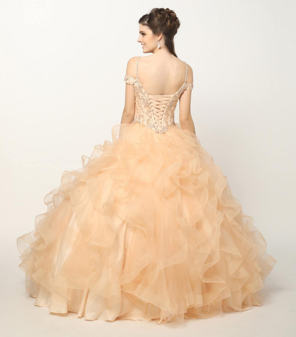Champagne ball gown with open-back embroidered bodice and tiered tulle ruffle skirt
