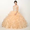 Champagne ball gown with off-shoulder embroidered bodice and voluminous tulle ruffle skirt
