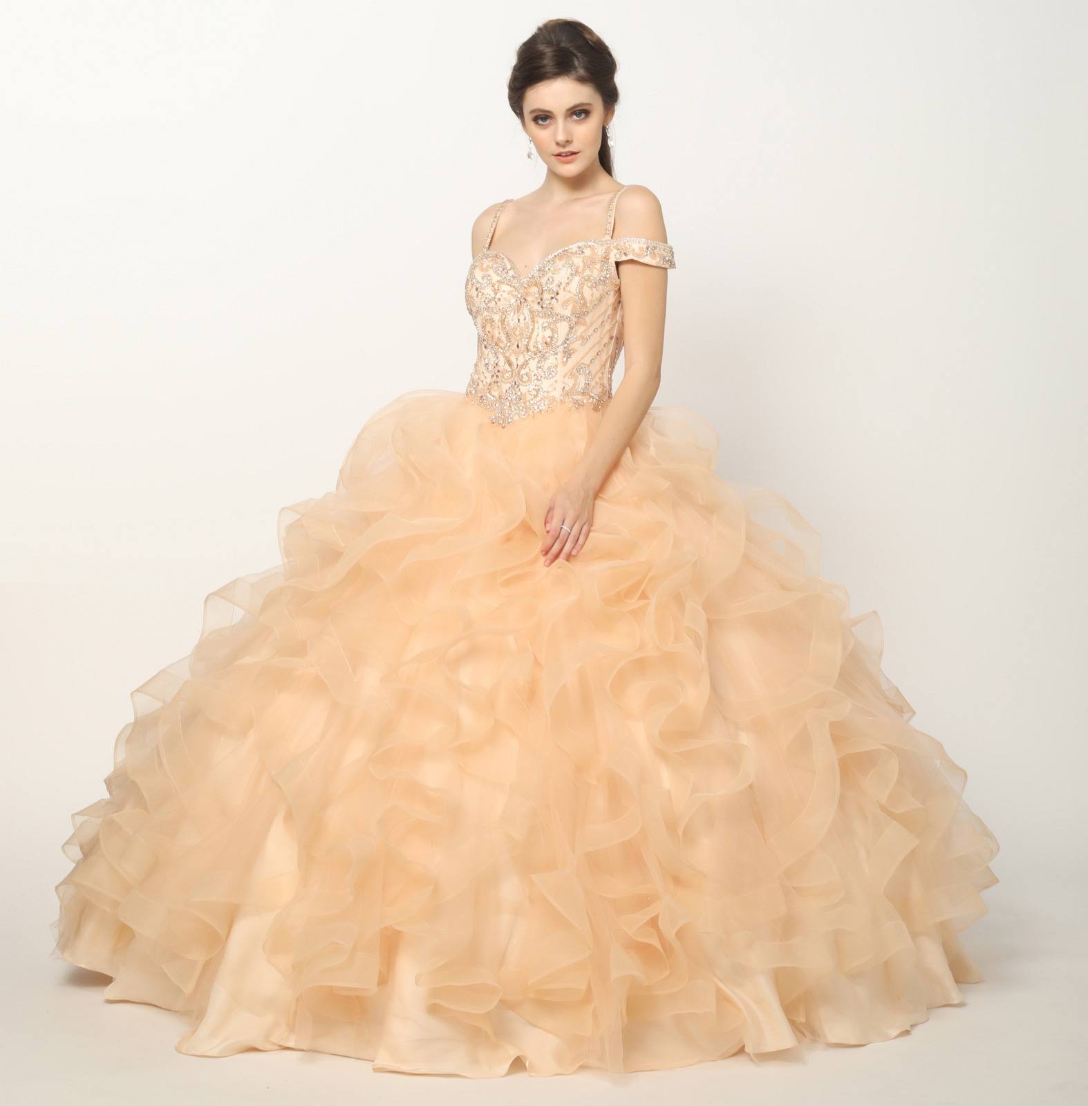 Champagne ball gown with off-shoulder embroidered bodice and voluminous tulle ruffle skirt