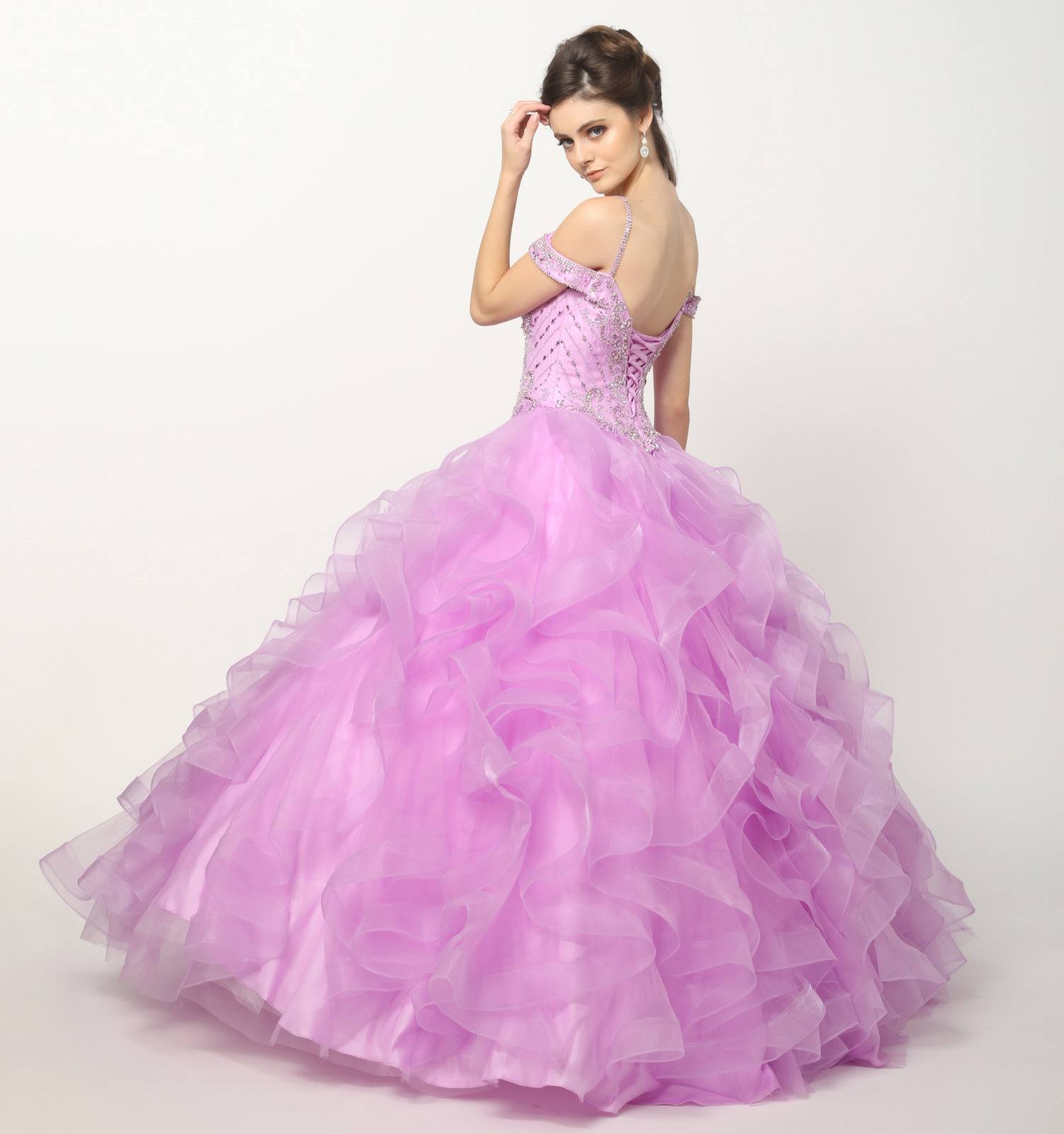 Lavender off-shoulder ball gown with corset-style embroidered bodice and layered tulle ruffles