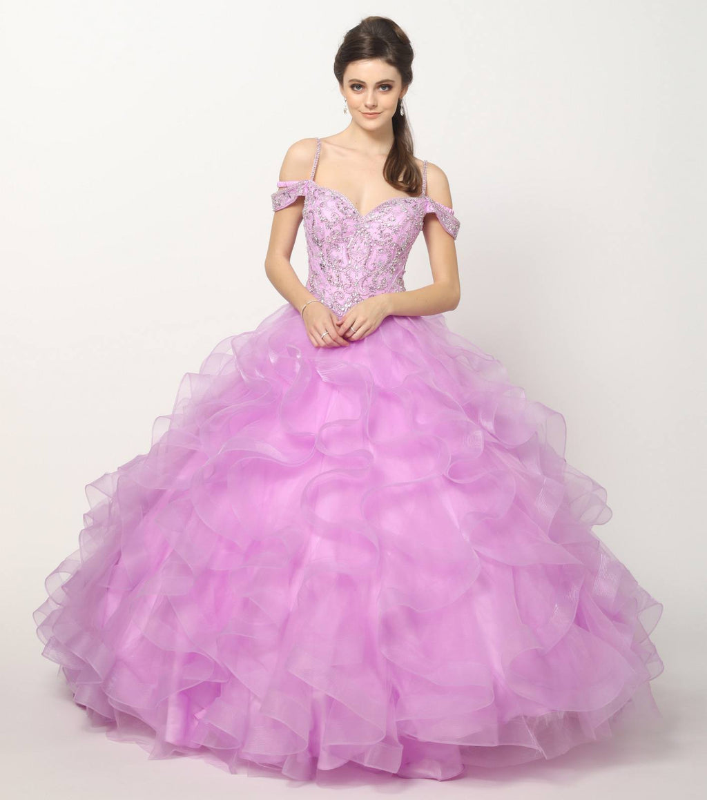 Lavender off-shoulder ball gown with embroidered bodice and voluminous tiered tulle skirt