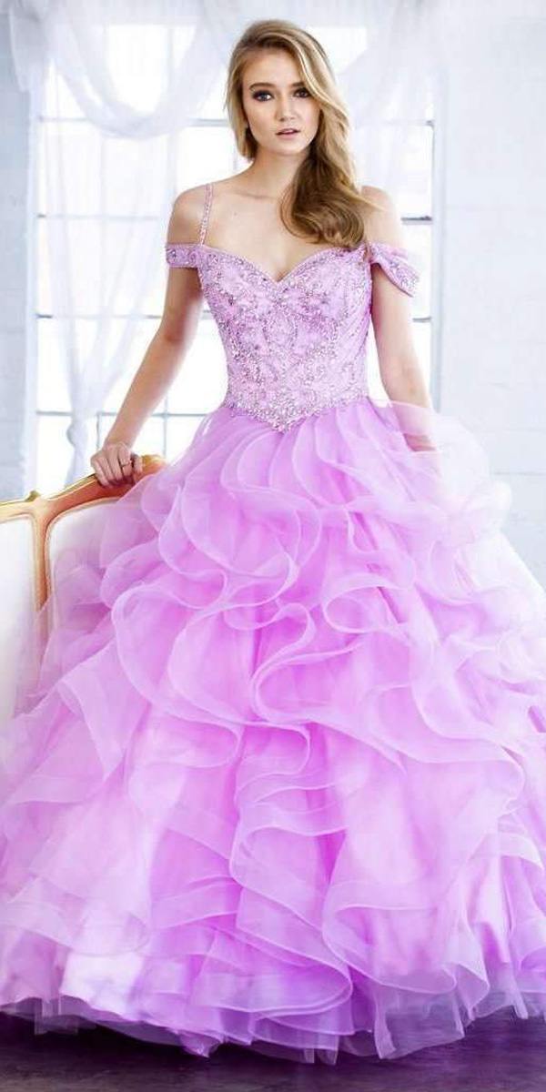 Lavender ball gown with cold-shoulder embroidered bodice and tiered ruffle tulle skirt