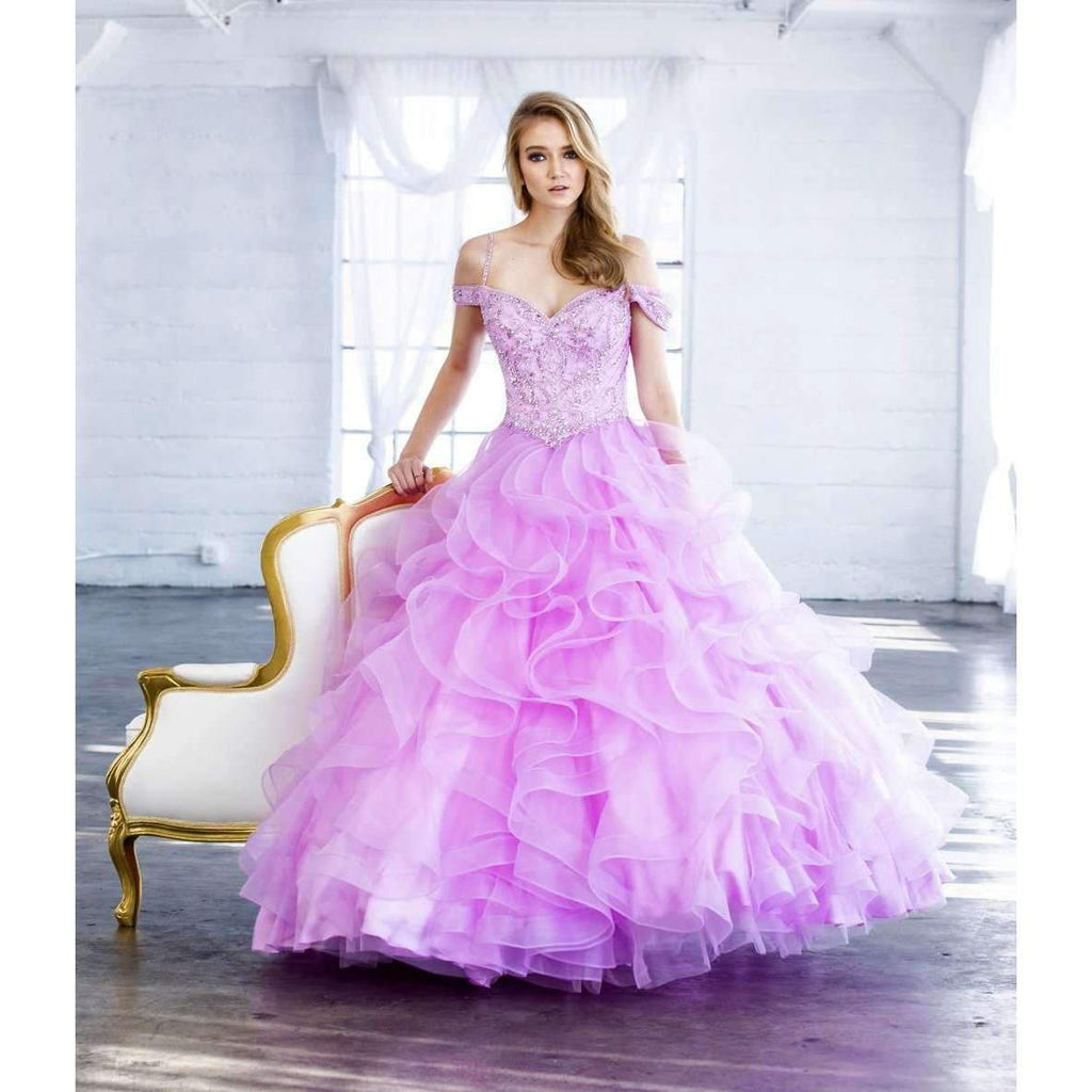 Lavender cold-shoulder ball gown with embroidered bodice and ruffled tulle tiers