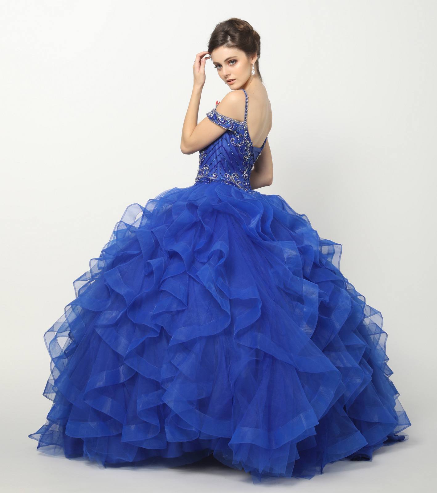 Blue ball gown with sparkling beaded bodice and voluminous layered tulle skirt