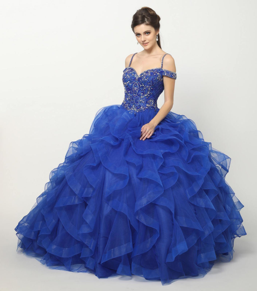 Blue ruffled tulle ball gown with sparkling beaded bodice and off-shoulder neckline