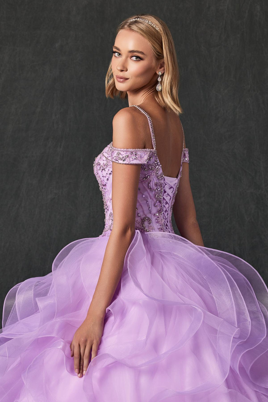 Lilac ball gown with jeweled bodice and off-shoulder straps with layered tulle skirt