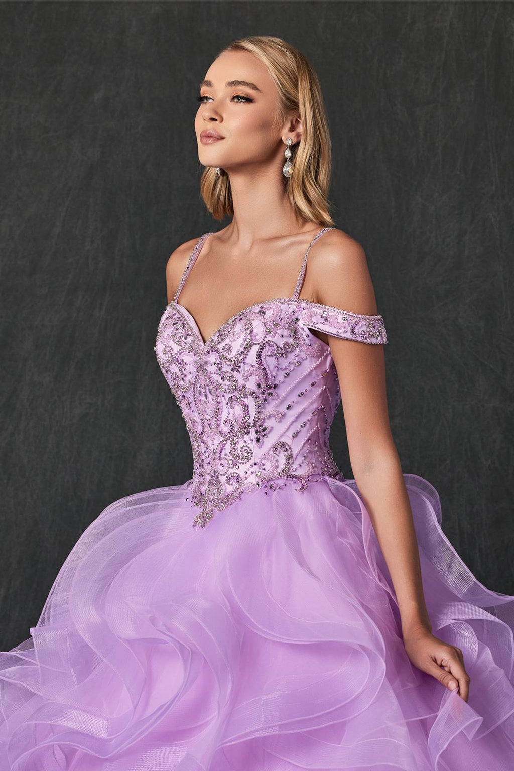 Lilac ball gown with embroidered beaded bodice and layered ruffled tulle skirt