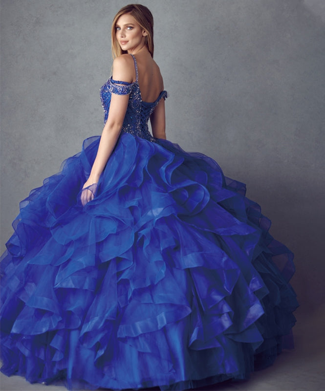 Blue ball gown with embroidered beaded bodice and layered ruffled tulle skirt