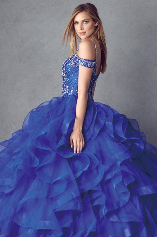 Blue ruffled tulle ball gown with beaded bodice and off-shoulder cap sleeves