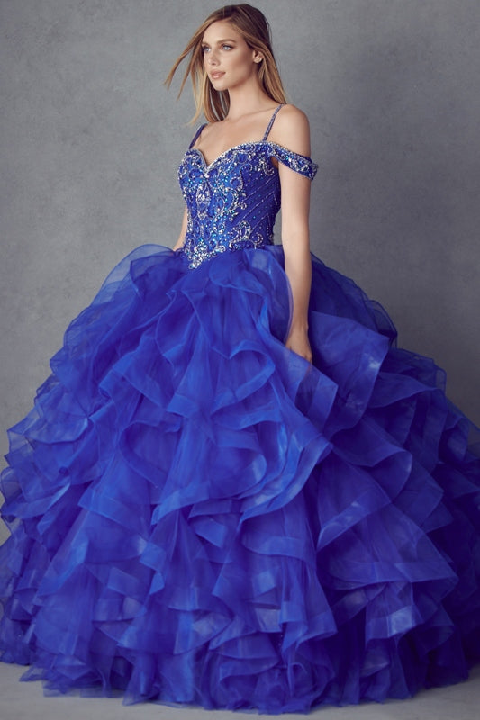 Blue ruffled tulle ball gown with embroidered beaded bodice and off-shoulder sleeves