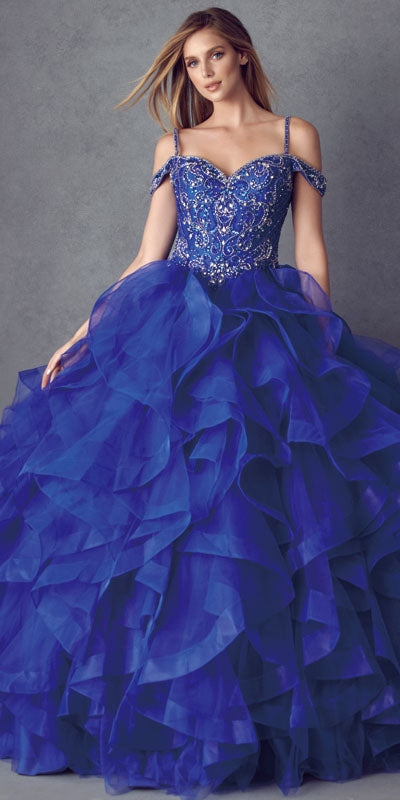 Blue ruffled tulle ball gown, cold-shoulder beaded bodice with off-shoulder straps