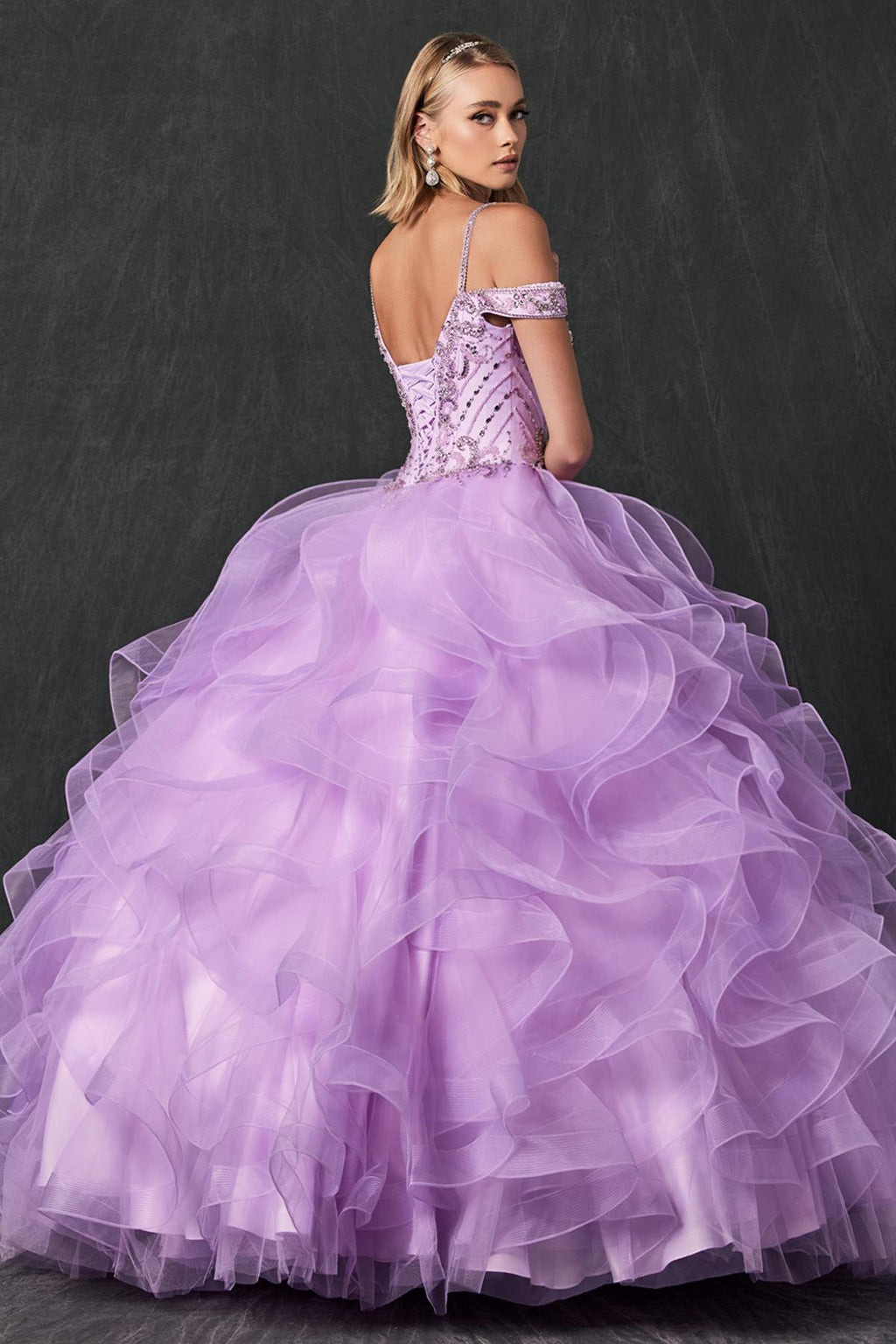Lilac tulle ball gown with beaded off-shoulder bodice and layered ruffle skirt