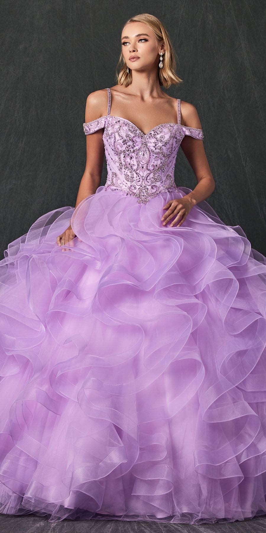 Lilac ruffled tulle ball gown with sparkling embroidered bodice and off-shoulder straps