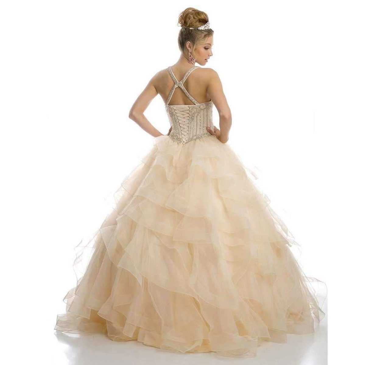 Back view of champagne A-line ball gown with cross-strap bodice and tiered ruffled tulle skirt