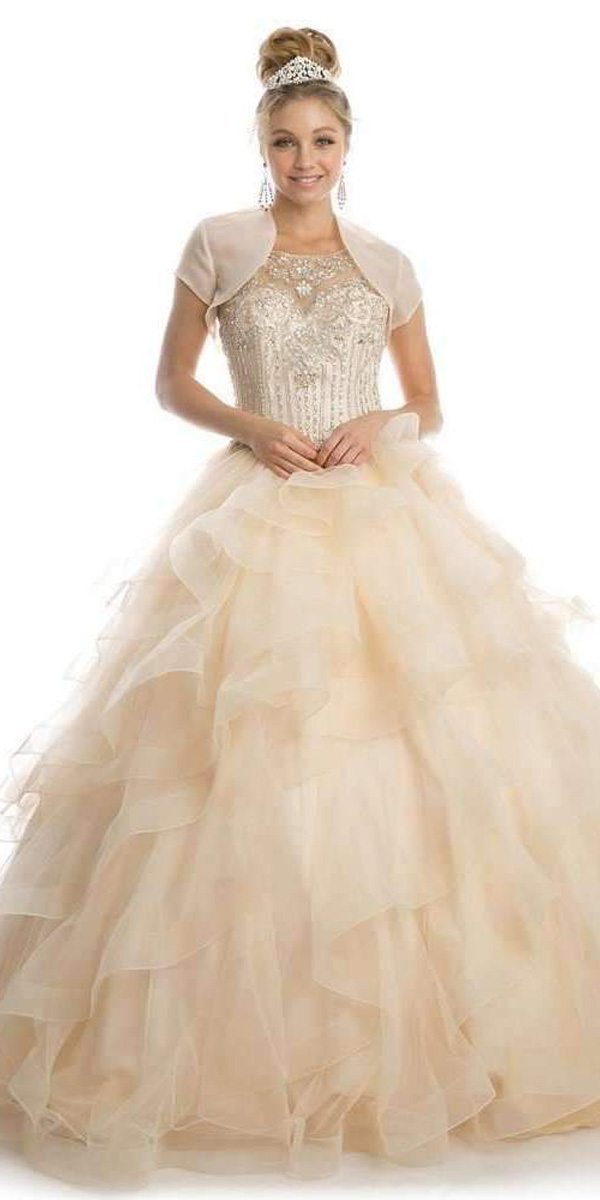Champagne A-line ball gown with embellished bodice, sheer short-sleeve jacket, and tiered tulle