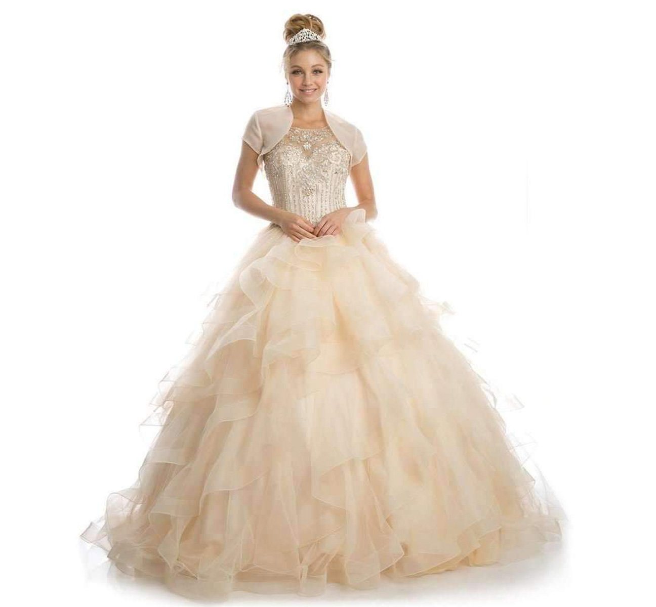 Champagne A-line ball gown with embellished bodice, sheer short-sleeve jacket, and full tulle skirt