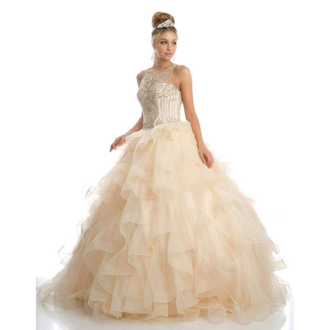 Champagne A-line ball gown with embellished halter bodice and layered ruffled tulle skirt