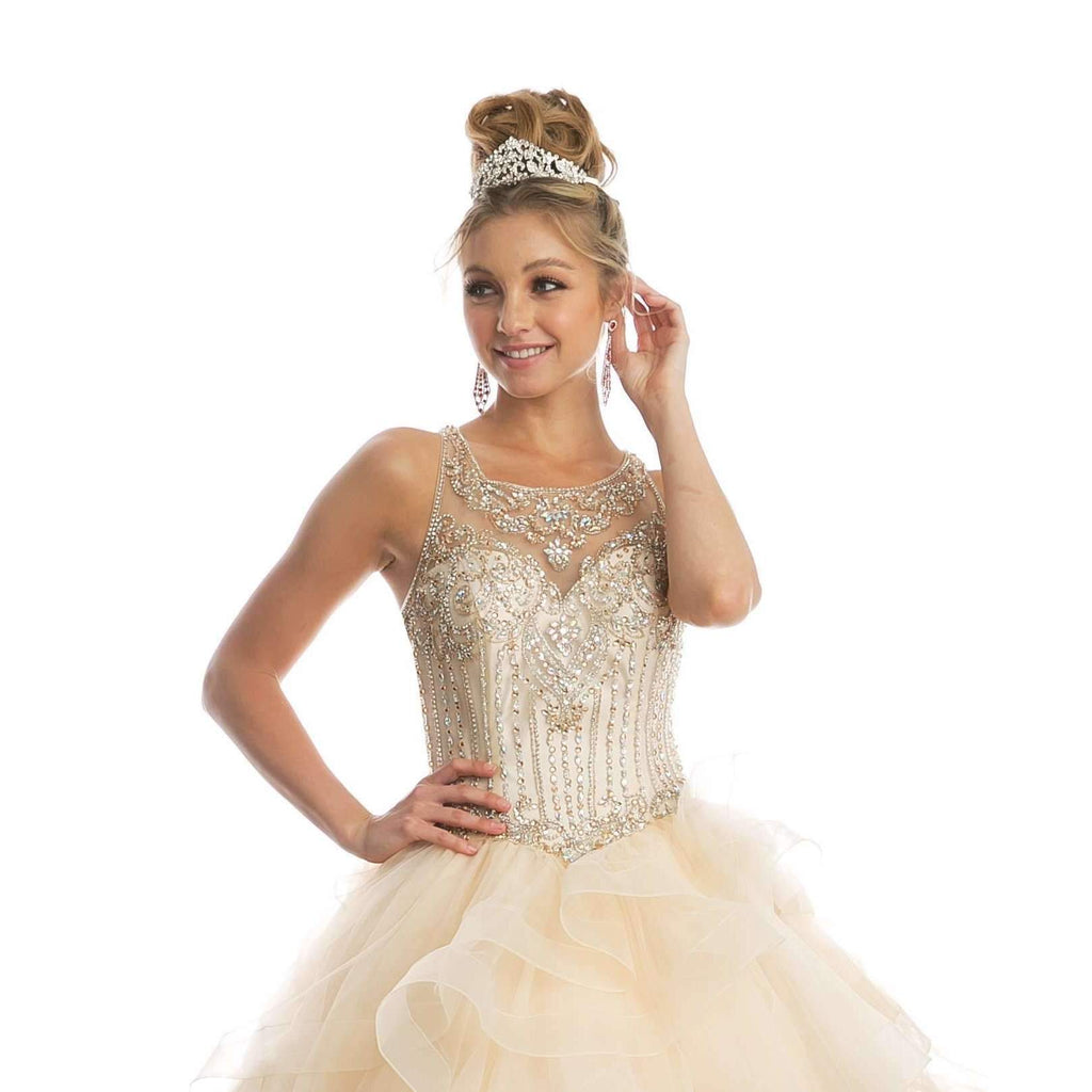 Champagne beaded princess ball gown with sparkly bodice and tiered tulle skirt