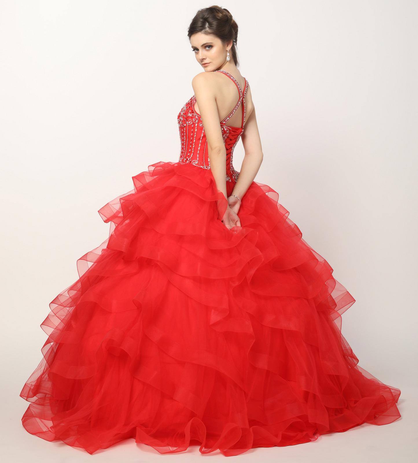 Red backless princess ball gown with sequined bodice and layered tulle ruffles