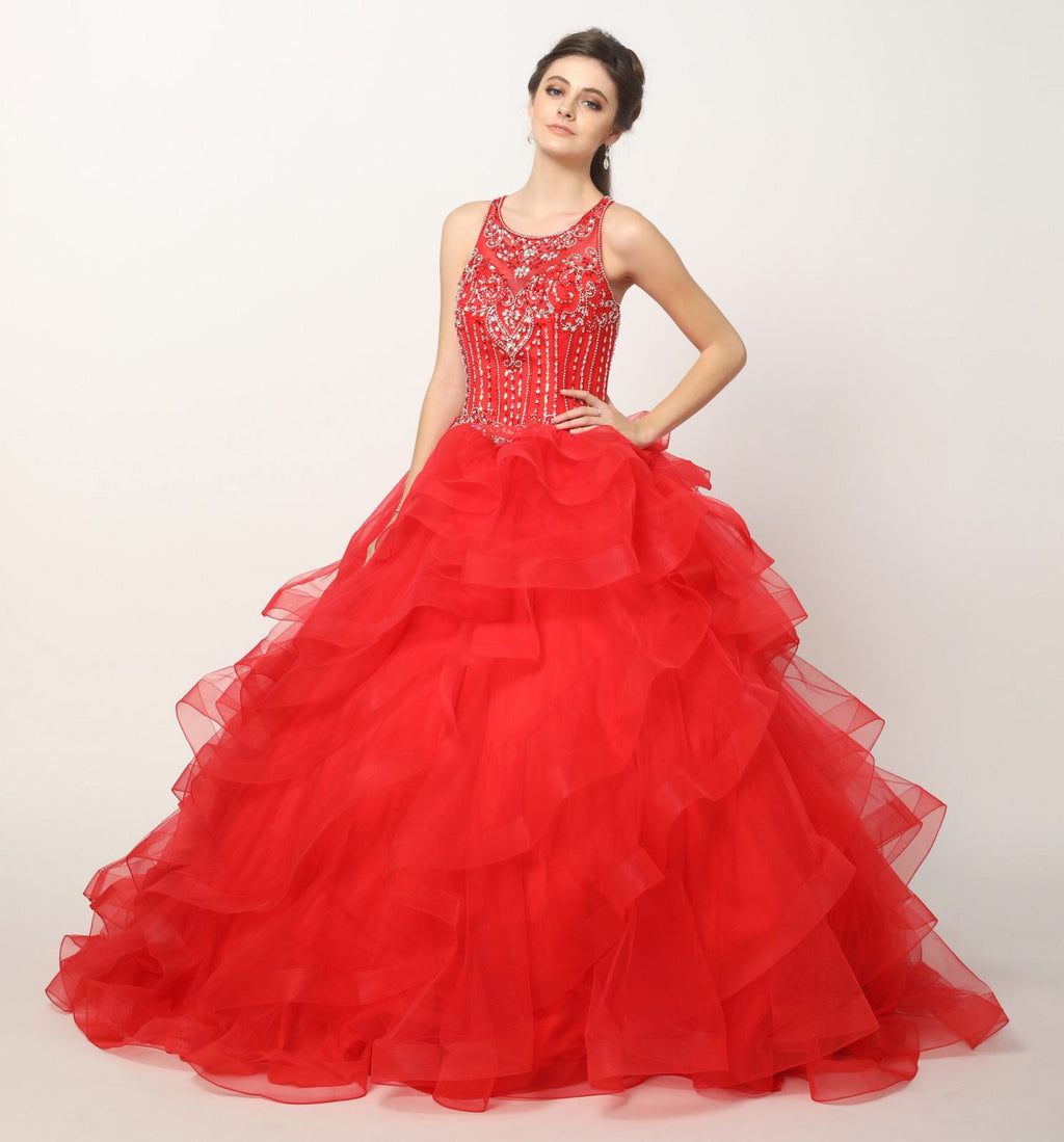 Red sequined princess ball gown with sleeveless beaded bodice and voluminous tulle tiers