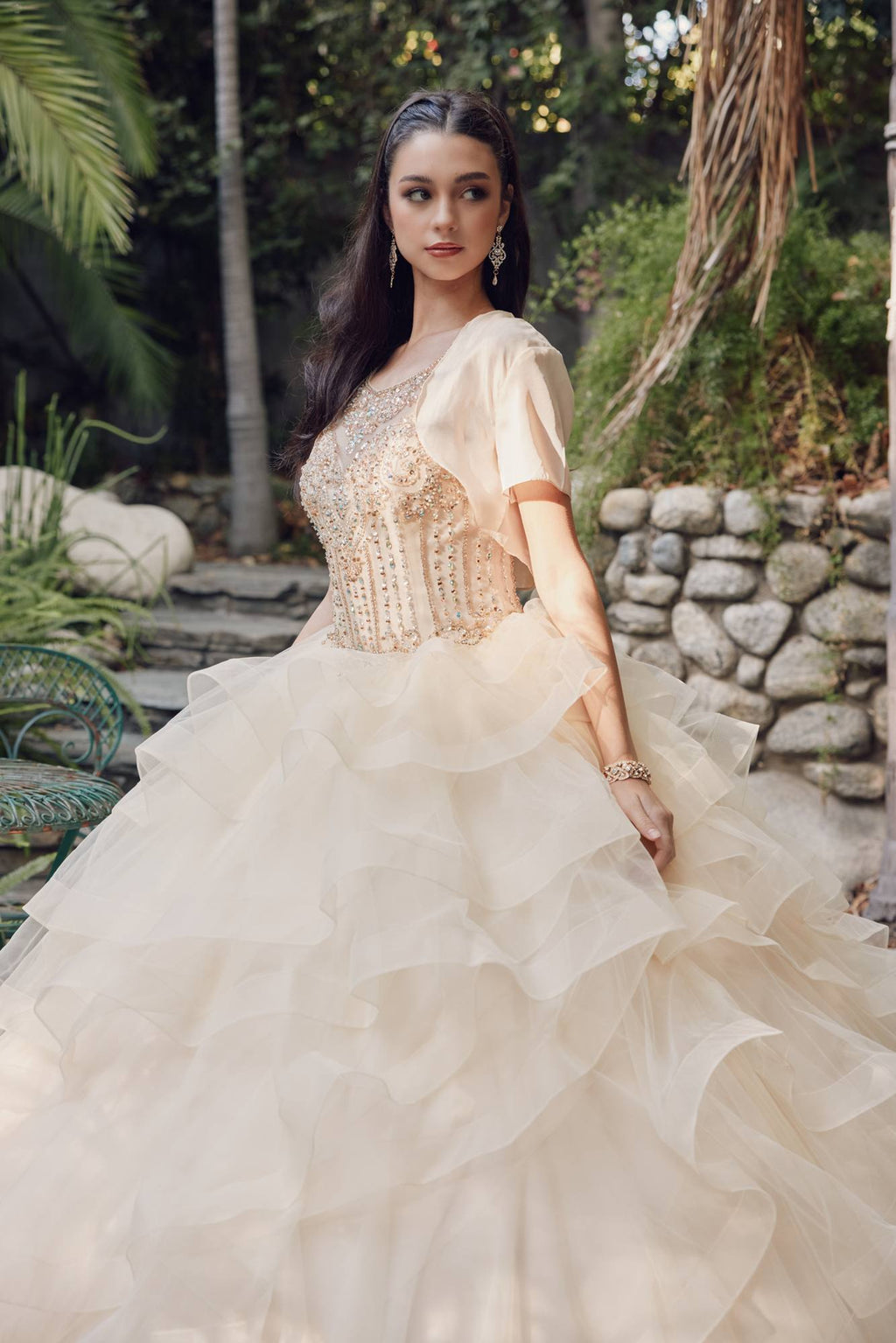Champagne embellished bodice with short sheer sleeves and layered ruffled tulle skirt