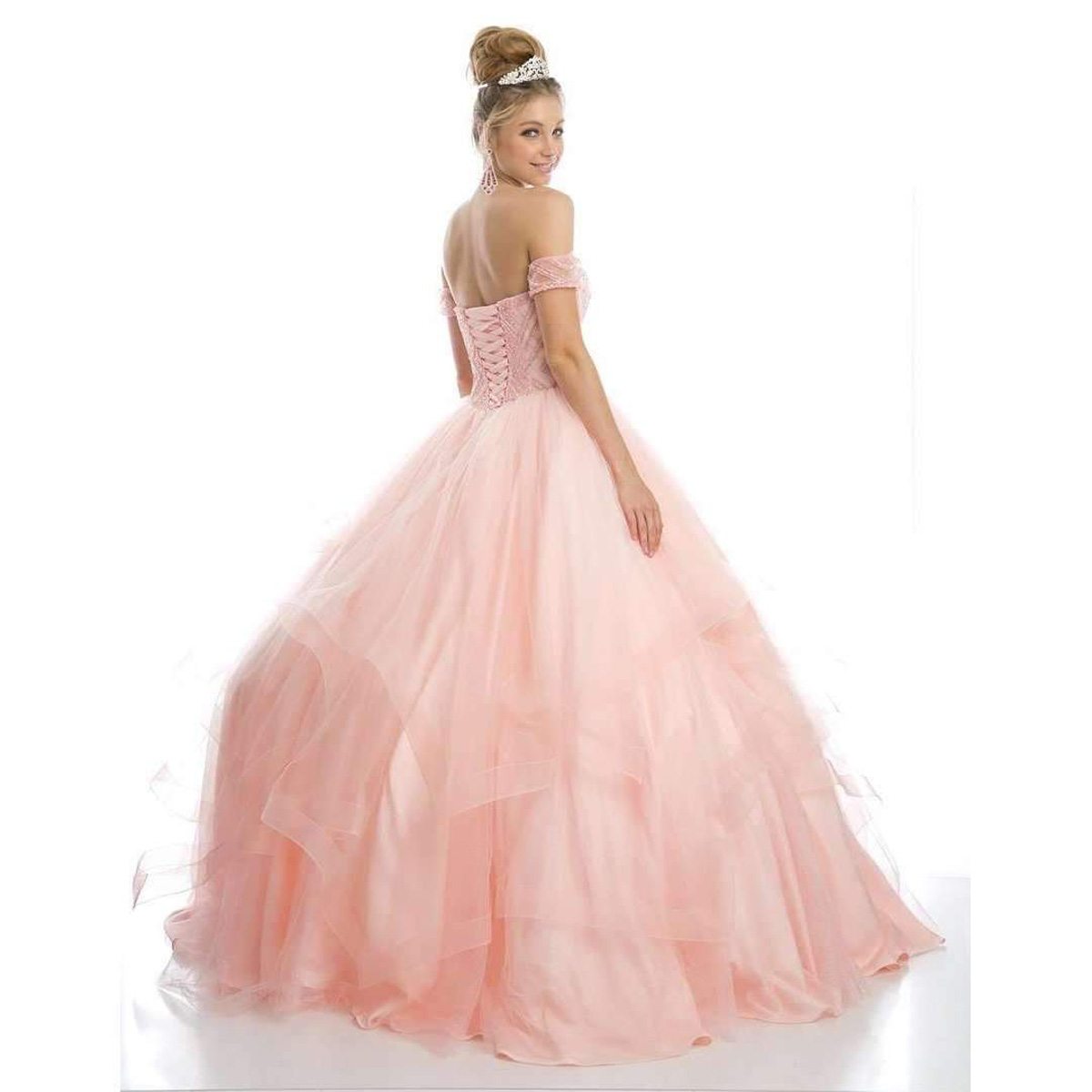 Blush ball gown with beaded corset bodice and layered tulle skirt, off-shoulder sleeves