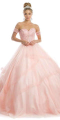 Blush ball gown with beaded sweetheart bodice, off-shoulder tulle sleeves, voluminous tulle skirt