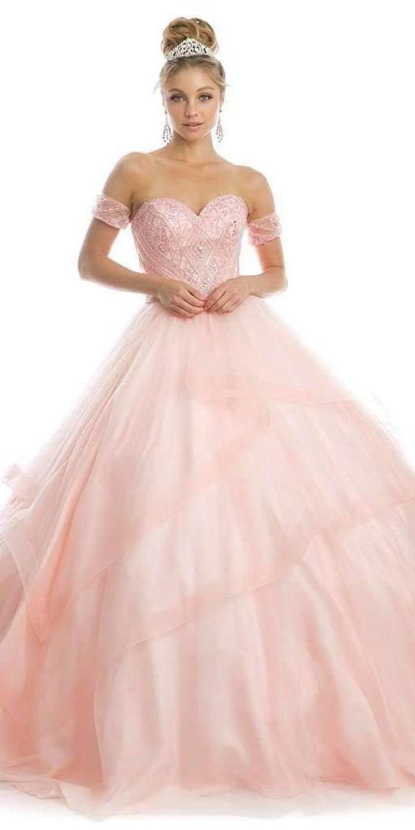 Blush ball gown with beaded sweetheart bodice, off-shoulder tulle sleeves, voluminous tulle skirt