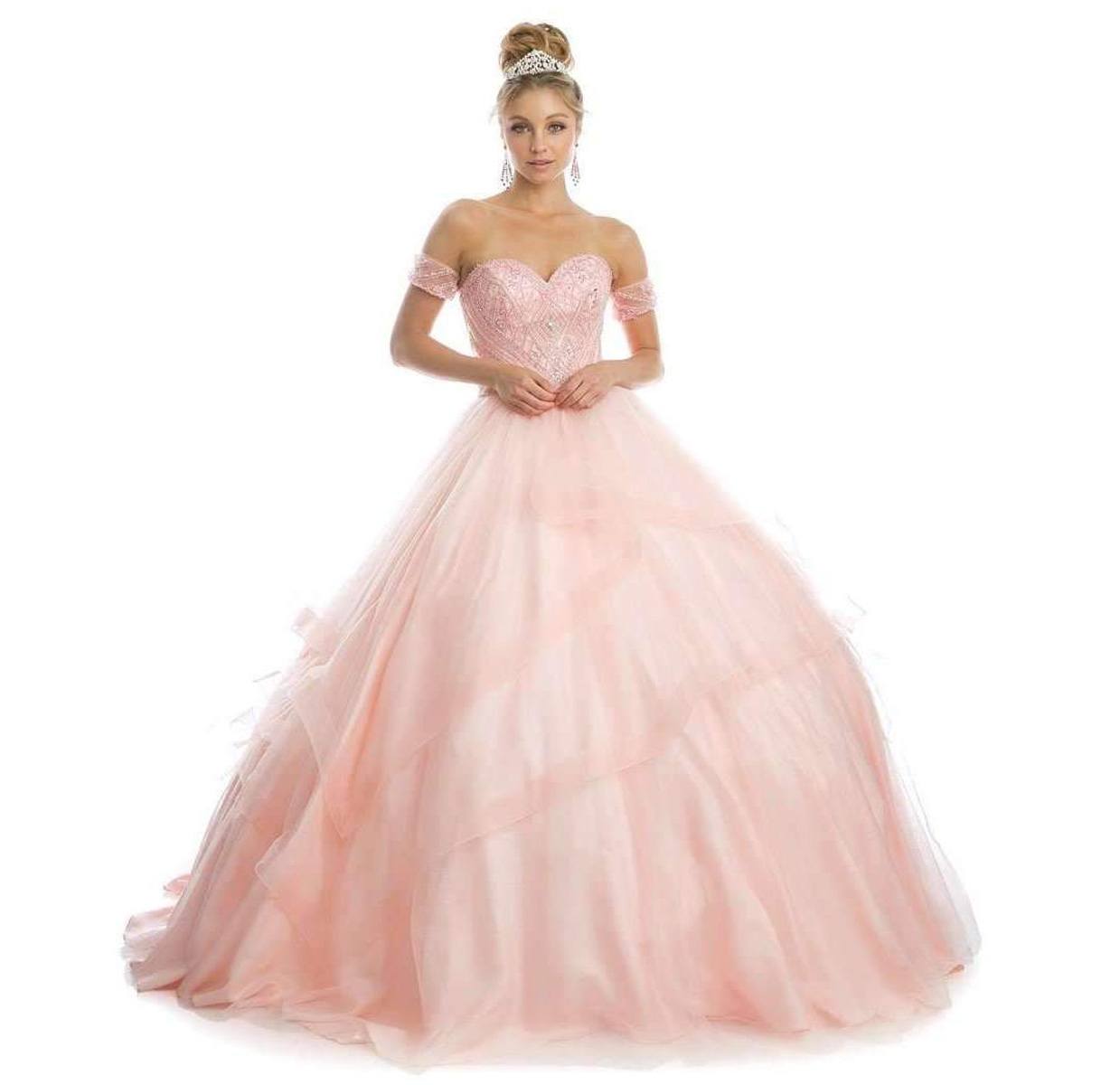 Blush ball gown with sparkly sweetheart bodice, off-shoulder tulle sleeves, flowing tulle skirt