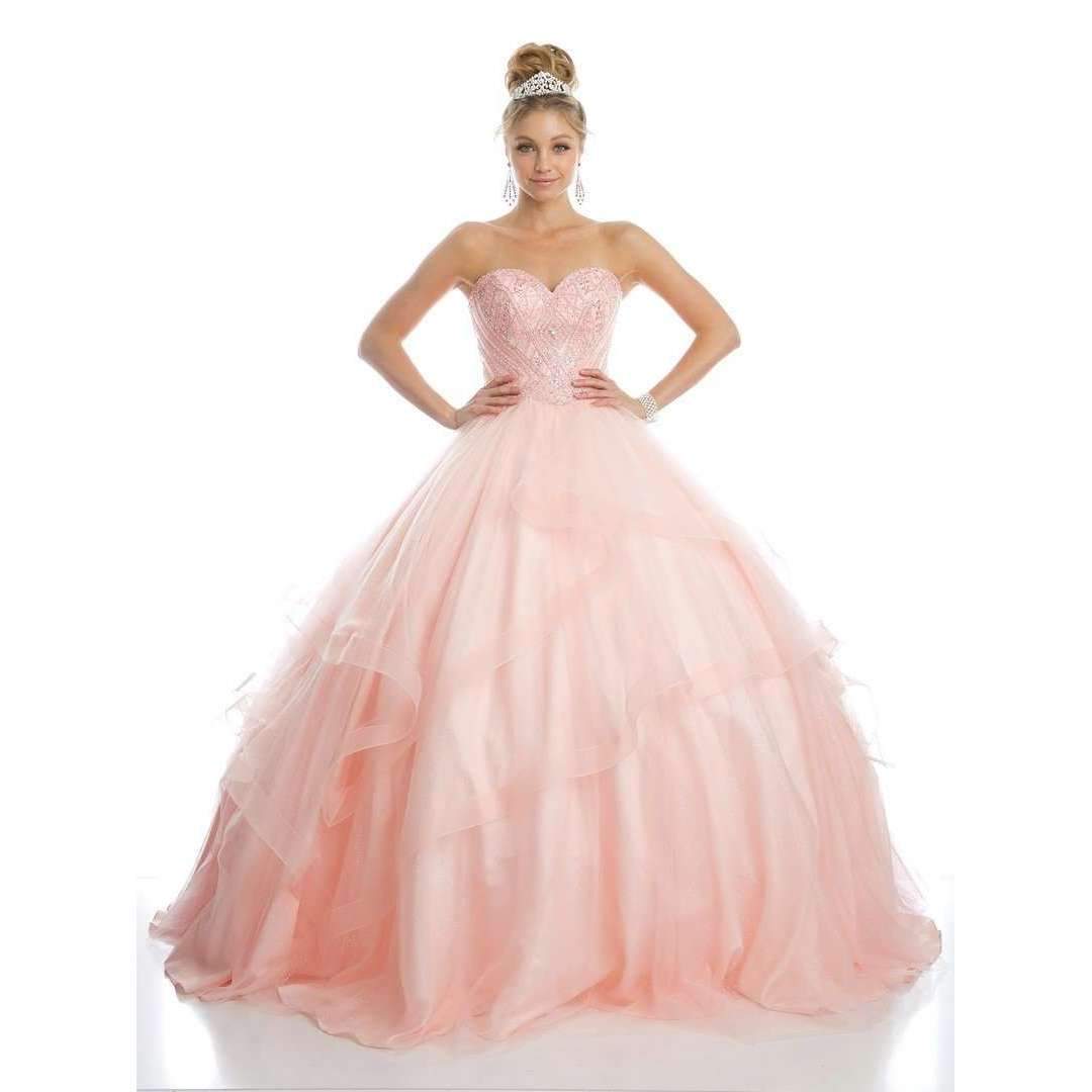 Blush quinceanera ball gown with embellished sweetheart bodice and layered tulle skirt