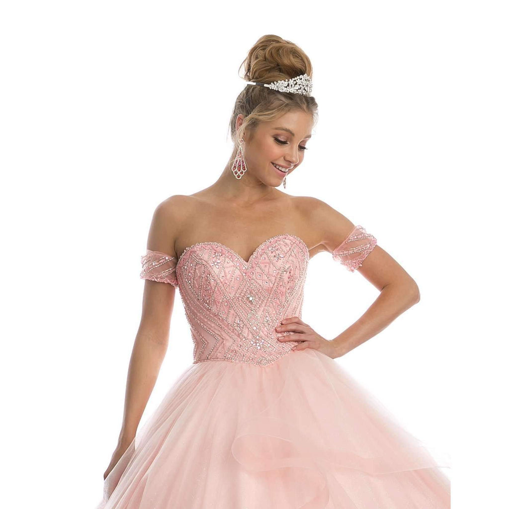 Blush corset bodice with beaded pattern, off-shoulder tulle arm bands, full tulle skirt