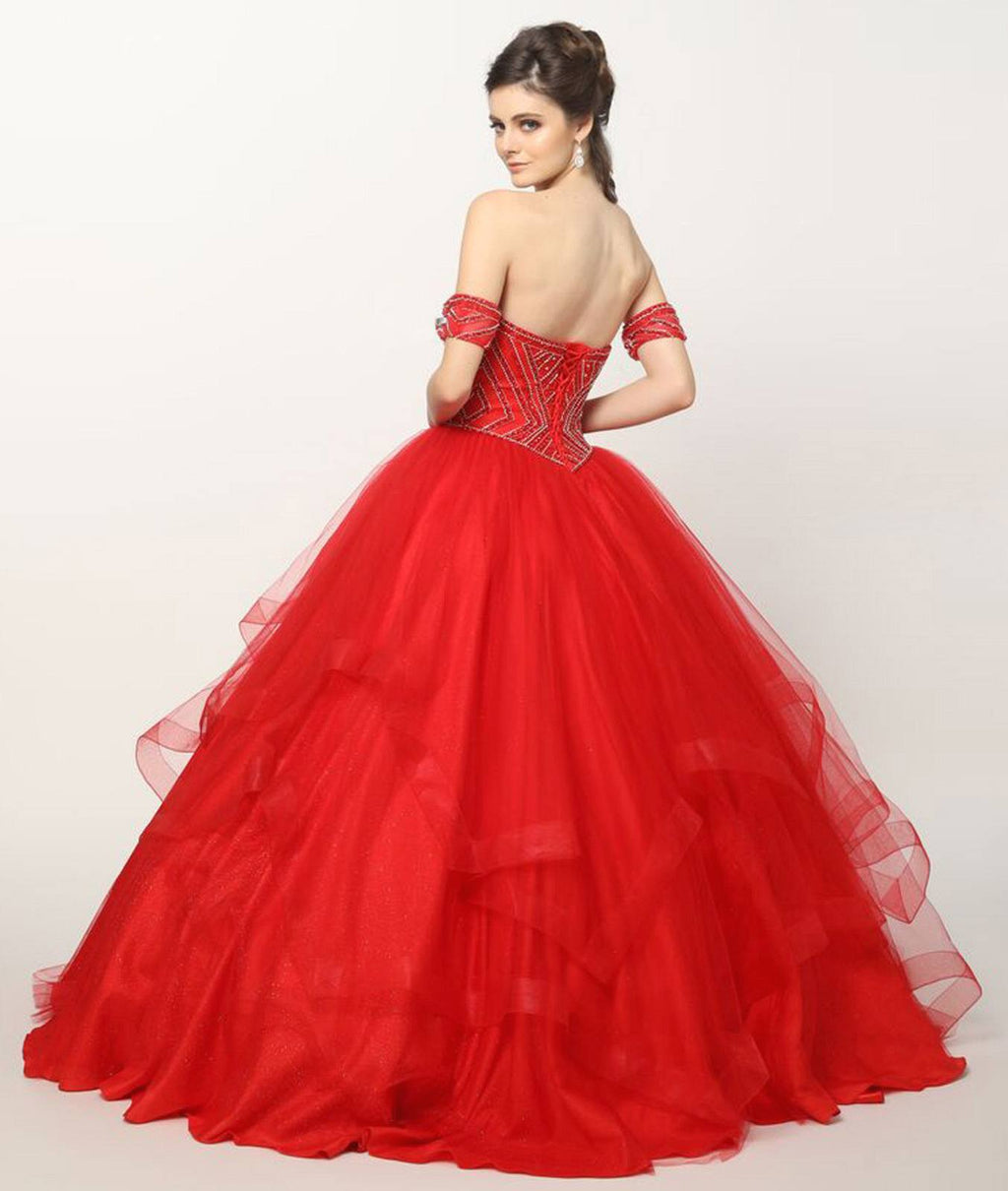 Red ball gown with corset bodice detail and layered tulle skirt, red off-shoulder arm bands