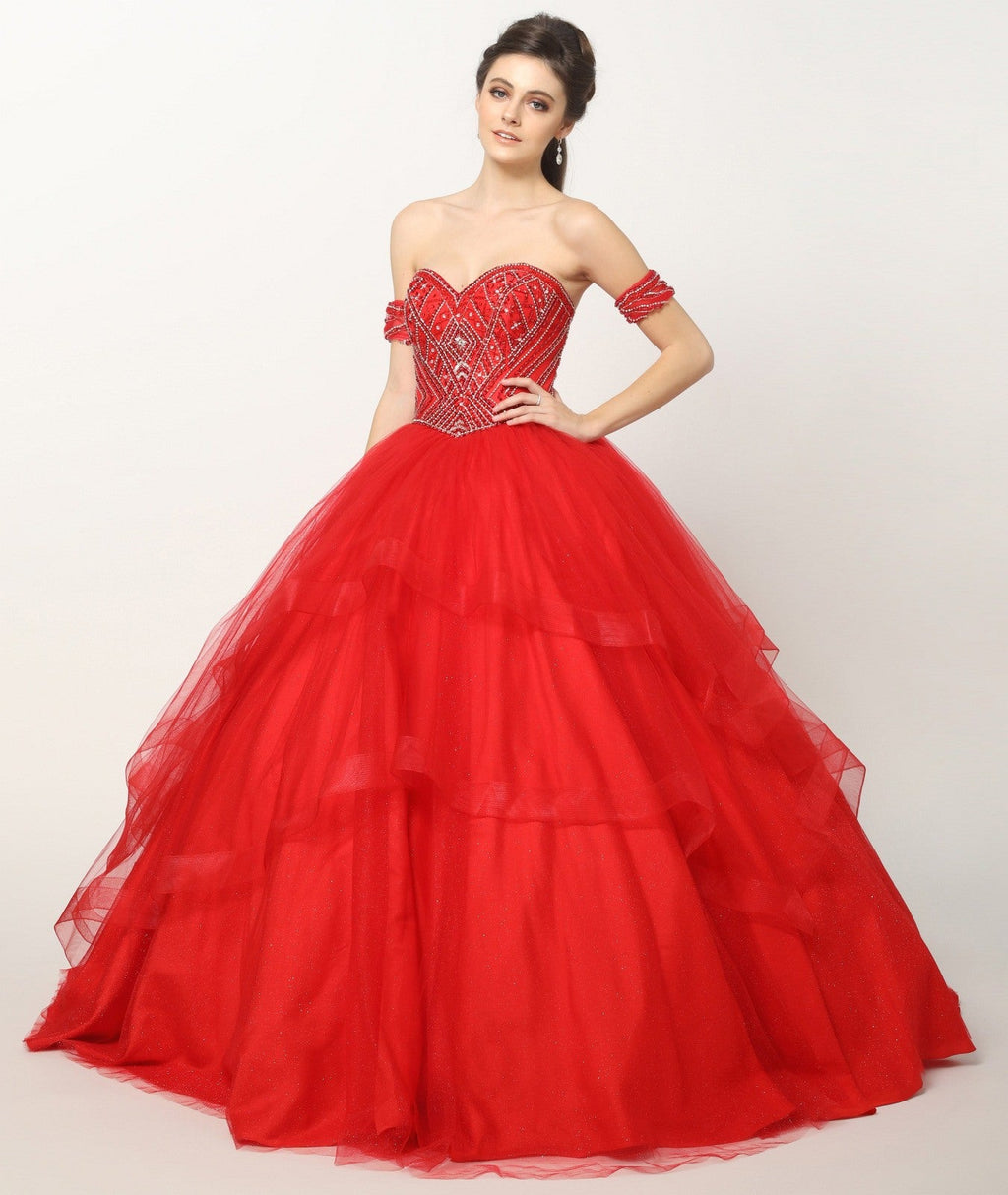 Red ball gown with corset-style bodice and layered tulle skirt, off-shoulder sleeve bands