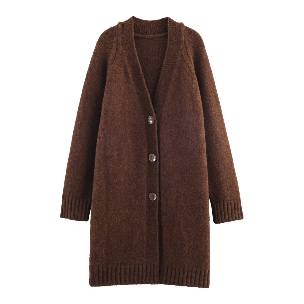 Advanced Retro Lazy V neck Sweater Coat Women Autumn Winter Loose Mid Length Soft Glutinous Knitted Cardigan